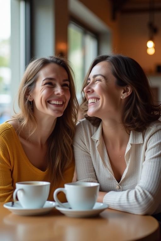 Zwei Gäste lachen herzlich bei einer Tasse Kaffee.
